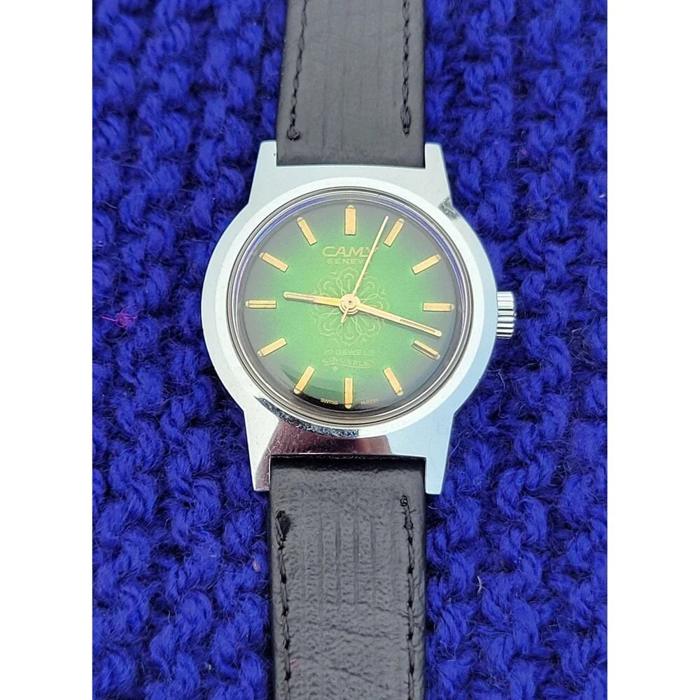Vintage Camy Sinusflex Watch 17 Jewels Mechanical Green Gradient Dial Gold